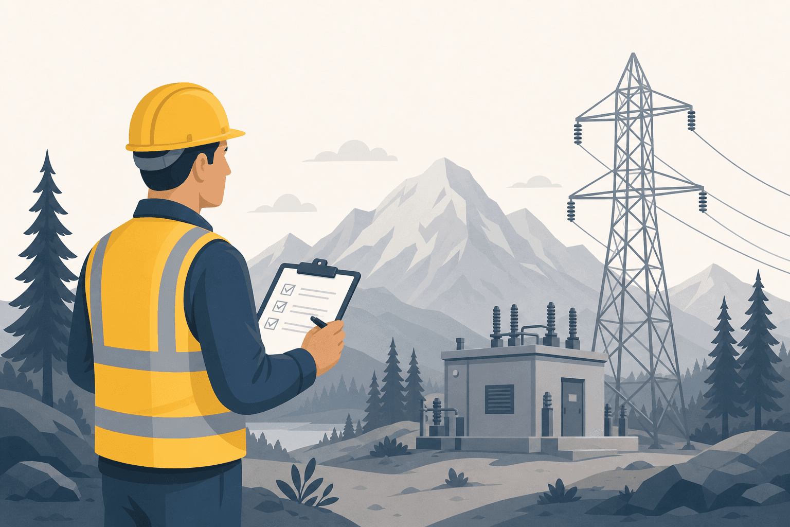 A utility worker in a hard hat and hi-vis vest holding a clipboard beside an electrical substation, with pine trees and mountains in the background.