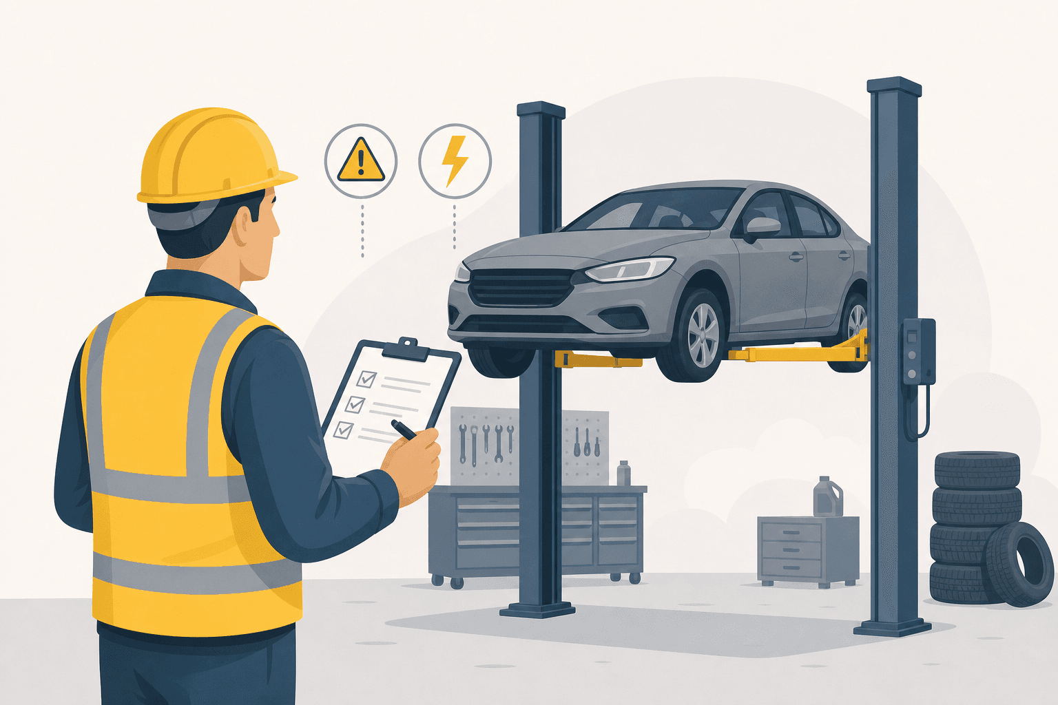 A worksite supervisor in a hi-vis vest and hard hat reviewing a safety checklist on a tablet, with a vehicle raised on a two-post hoist in the background.