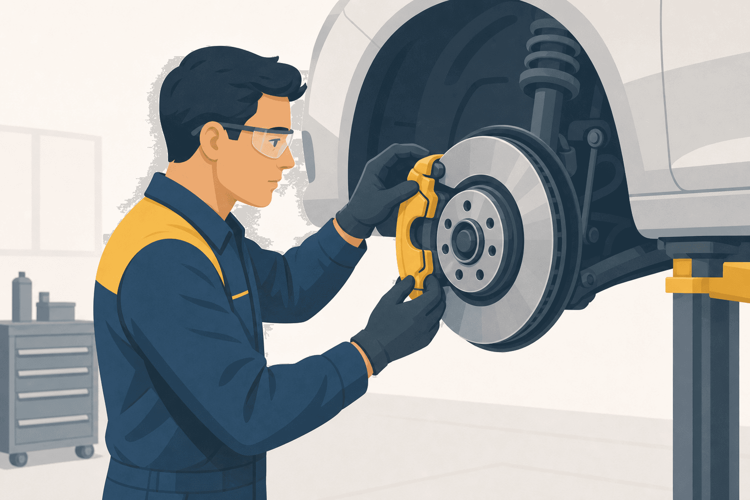 An automotive technician wearing nitrile gloves and safety glasses working on a car's brake disc and caliper, with the vehicle raised on a hoist.