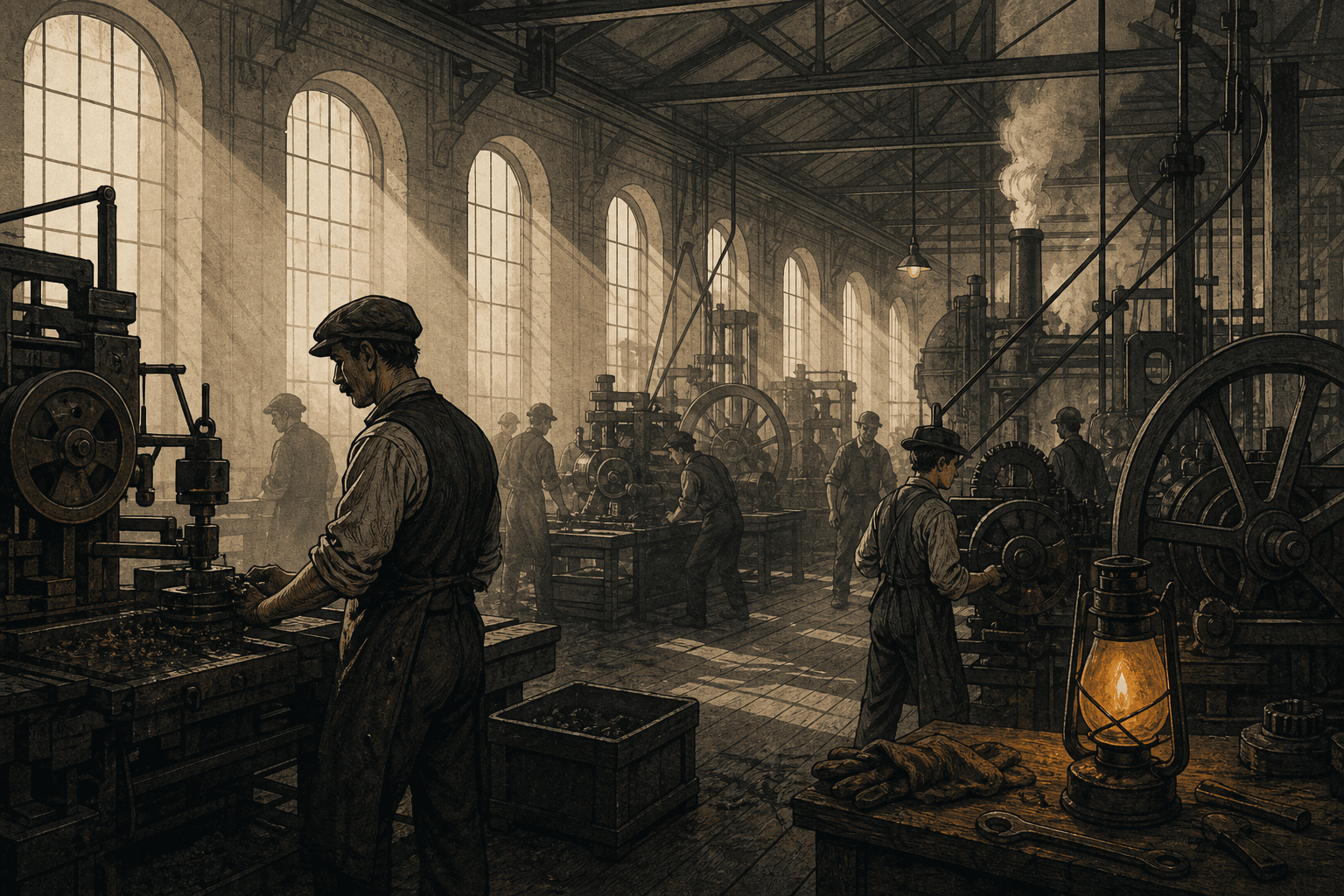 A 19th-century Industrial Revolution factory interior with large machines and workers, illustrating the origins of modern workplace safety law.