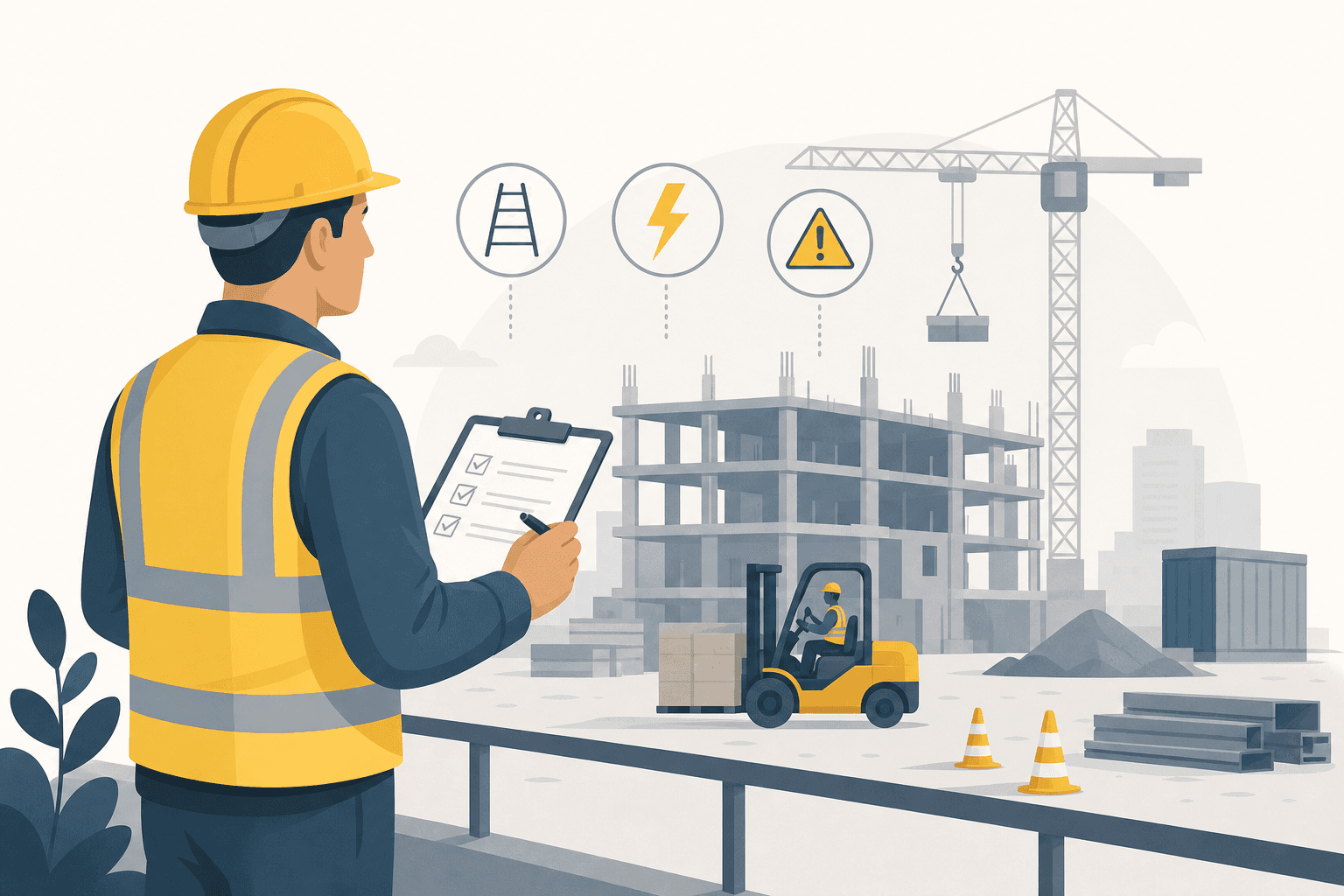 A site supervisor in a hi-vis vest and hard hat reviewing a safety checklist, with common worksite hazards shown as icons in the background.