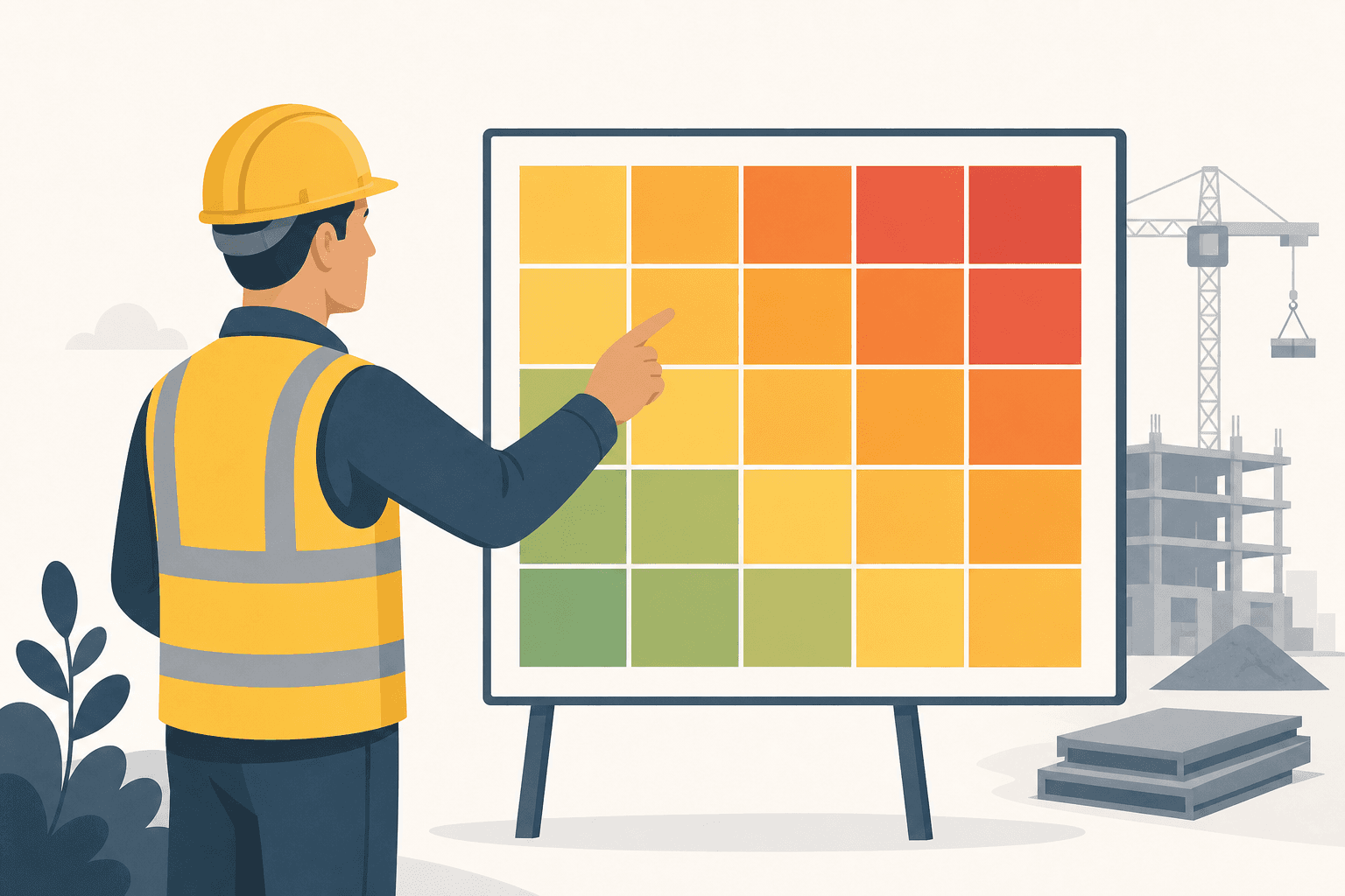 A person in a hi-vis vest pointing at a 5-by-5 risk matrix heatmap that runs from green in the bottom-left to red in the top-right.