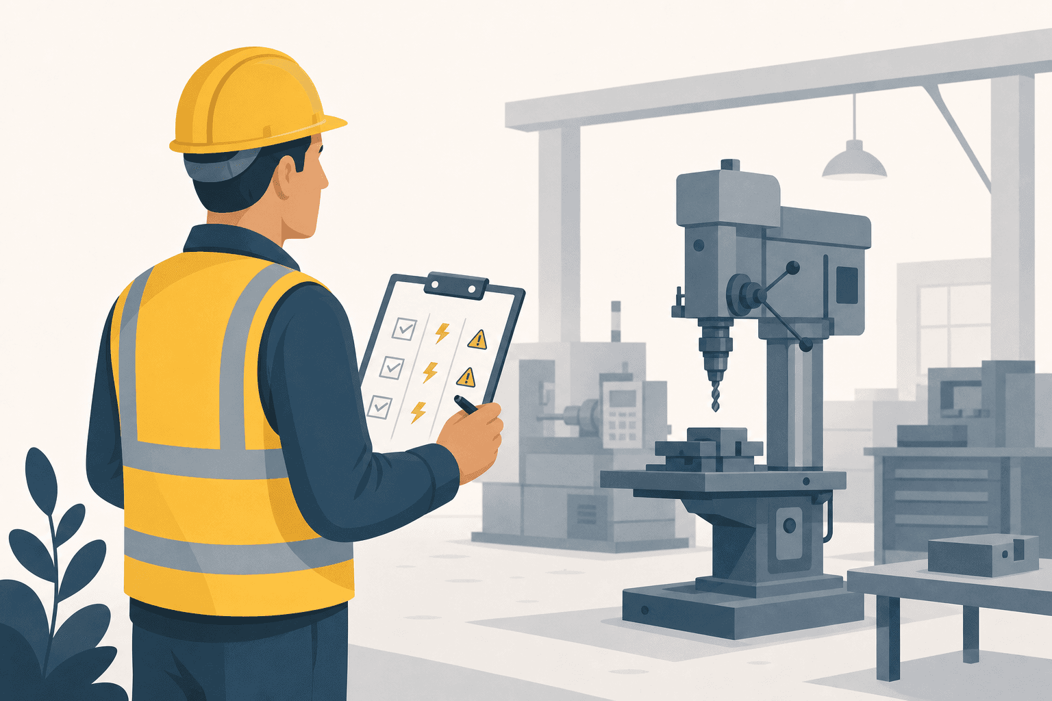 A supervisor in a hard hat and hi-vis vest holding a three-column JHA checklist in a machine shop.