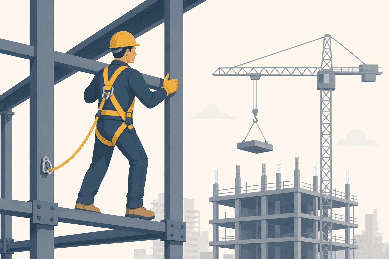 A construction worker in a harness clipped to a steel frame at height, with a tower crane lifting a load in the background.