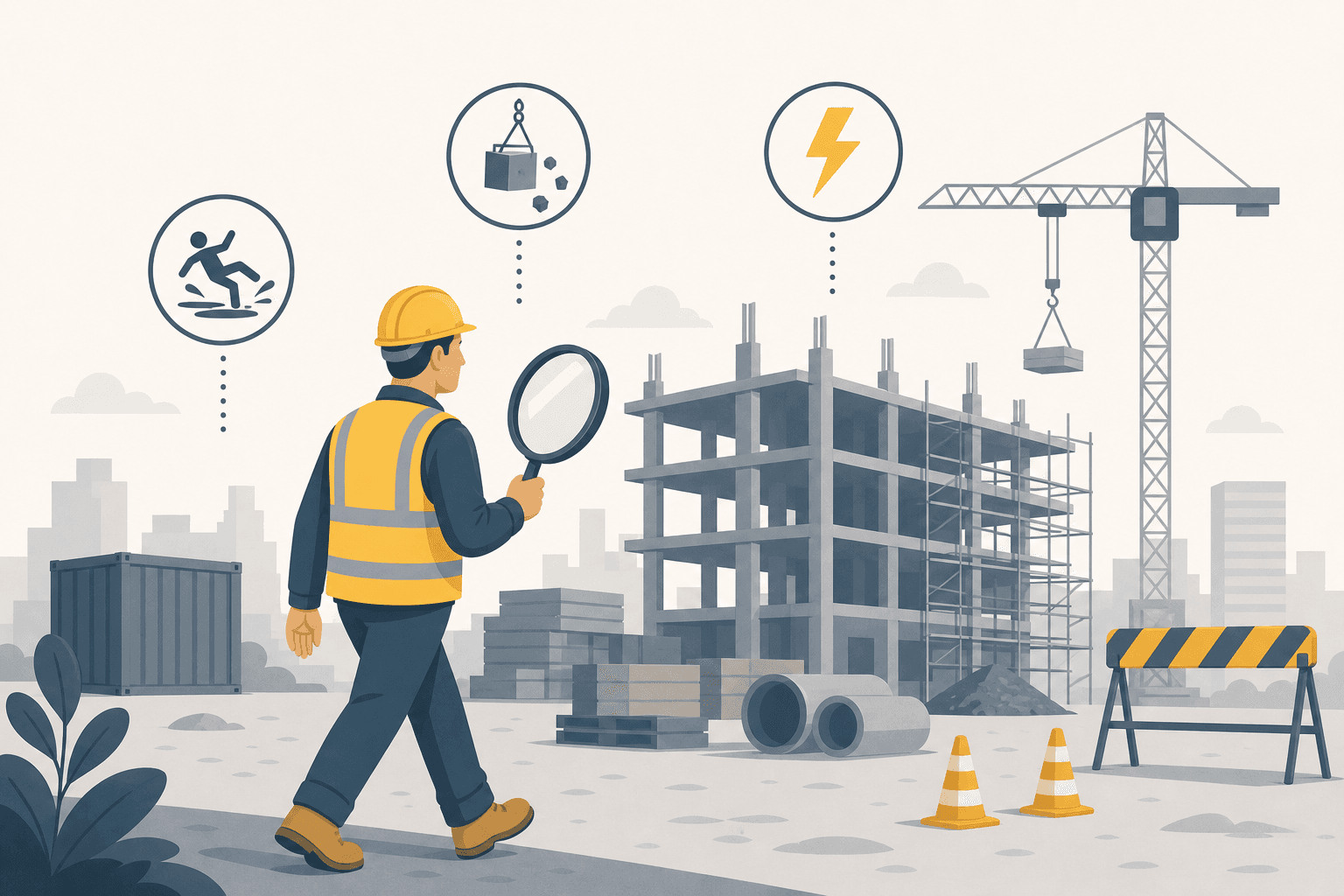 A worker in a hi-vis vest and hard hat inspecting a construction site with a magnifying glass, with hazard icons for slips, falling objects, and electricity floating nearby.
