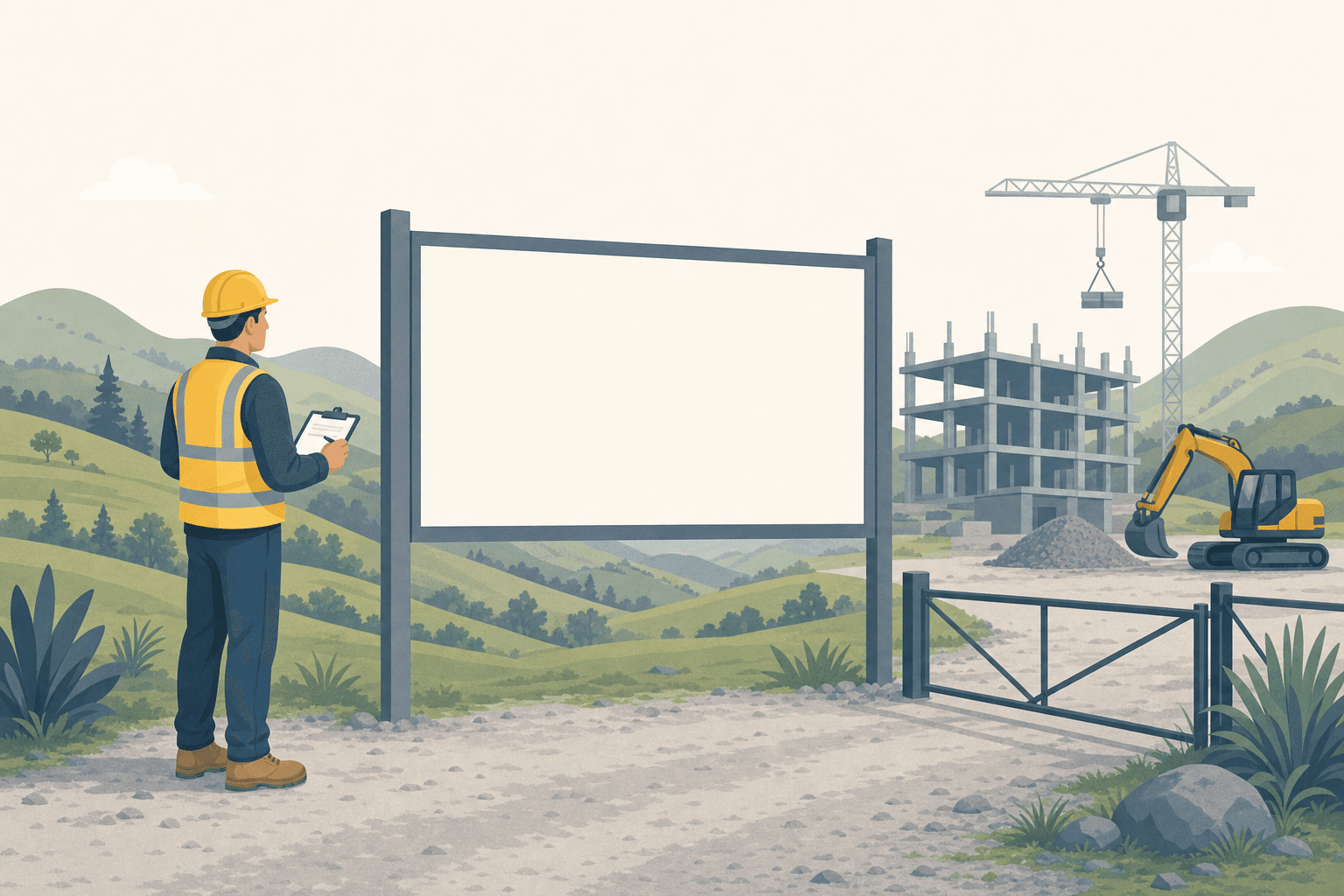 A worker in a hard hat and hi-vis vest beside a site safety notice board, with green rolling hills and a construction site in the background.