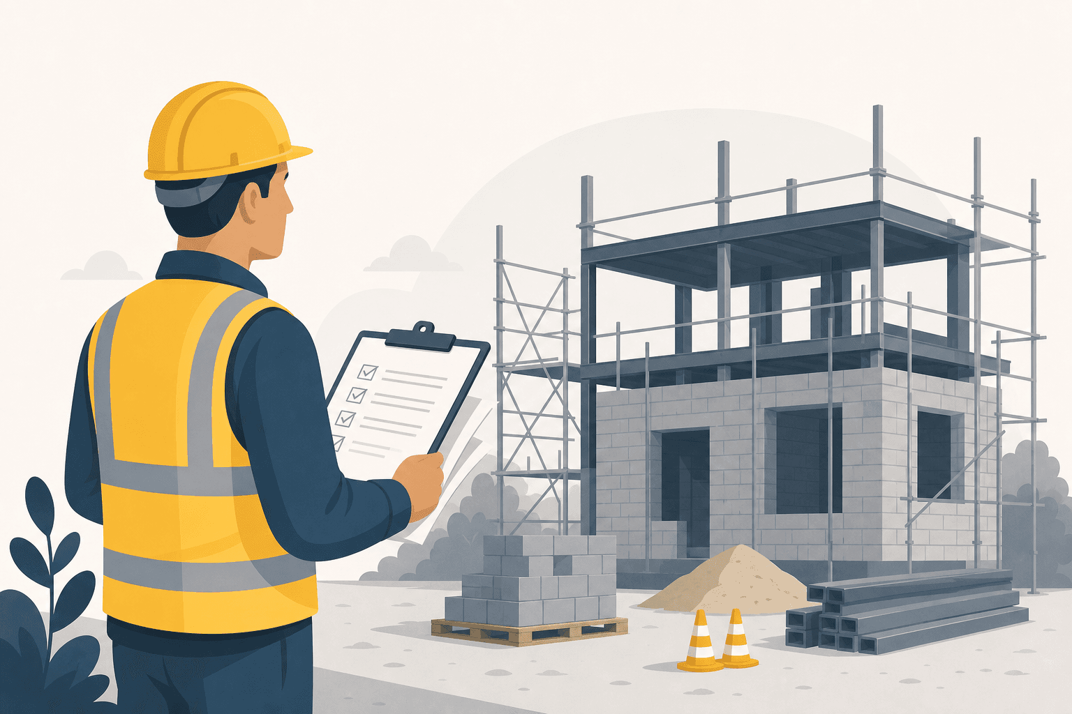 A contractor in a hard hat and hi-vis vest reviewing a multi-page method statement beside a part-built structure with scaffolding.